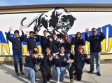 Students celebrate. (L to R) front: Gwynith Champlin, Naeryl Ronquillo, Gurmannat Chalotra, Kodiac Valentino. Back Row:  Janet Bengtson (coach), Richard Harmiel, Drevin Rivera, Lana Moore, Clarissa Morgan, Nicolo Wheaton and Allen Tong (coach).